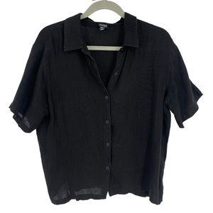 Eileen Fisher black button front short sleeve linen blouse